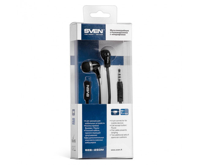 Наушники Sven SEB-260M Black, Mini jack (3.5 мм), вакуумные, микрофон на проводе, кабель 1.2 м