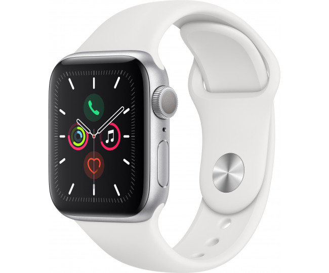 Apple Watch Series 5 (GPS + Cellular) 44mm Silver Aluminum Case with White Sport Band (MWVY2, MWWC2)