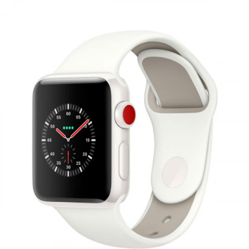 Apple Watch Series 3 GPS + Cellular 38mm Stainless Steel Case with Soft White Sport Band (MQJV2)