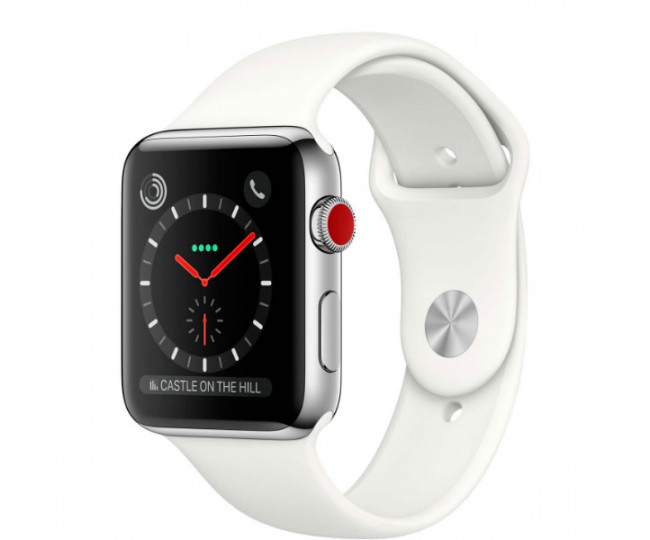 Apple Watch Series 3 GPS + Cellular 42mm Stainless Steel Case with Soft White Sport Band (MQK82)