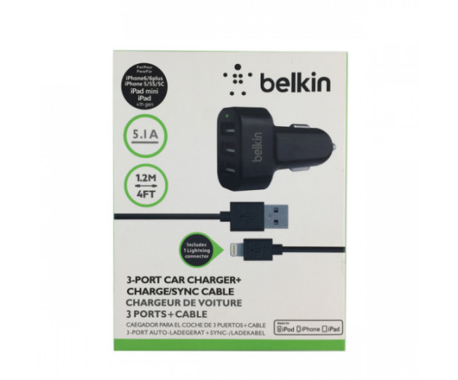 АЗУ Belkin 25 Watt/5.1A 3USB +Lightning cable Black