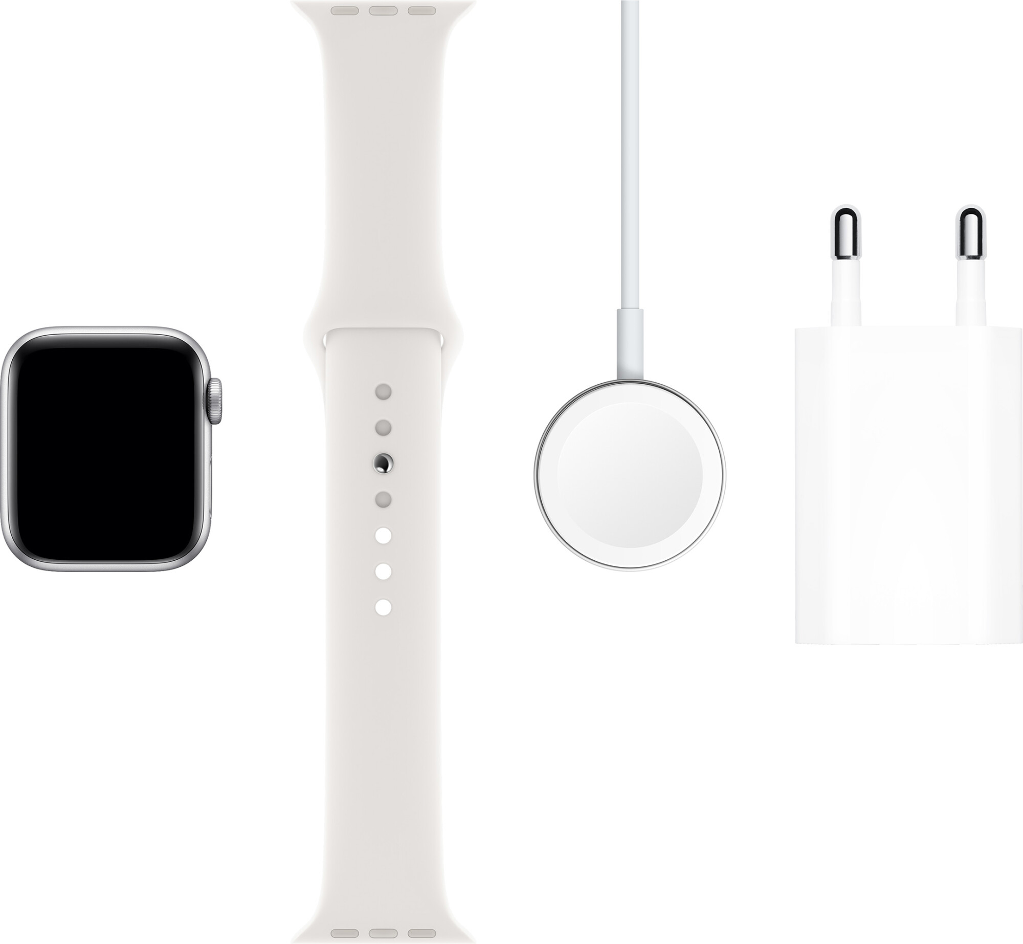 Apple Watch Series 5 (GPS + Cellular) 44mm Silver Aluminum Case with White Sport Band (MWVY2, MWWC2)
