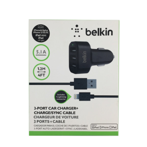 АЗУ Belkin 25 Watt/5.1A 3USB +Lightning cable Black