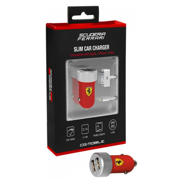АЗУ Ferrari 2.1A 2USB +Lightning/30-pin cable Red