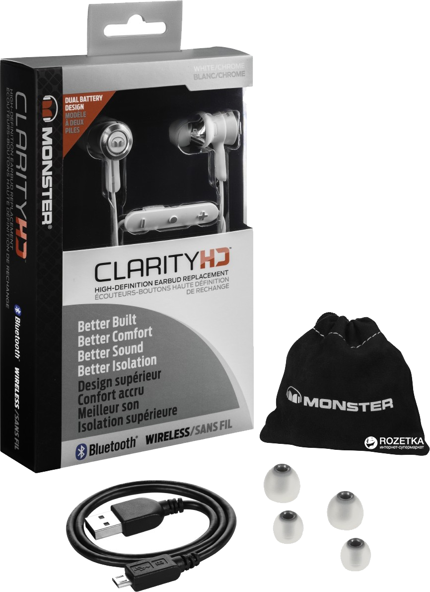 Наушники Monster® Clarity HD™ In-Ear Wireless Bluetooth White and Chrome