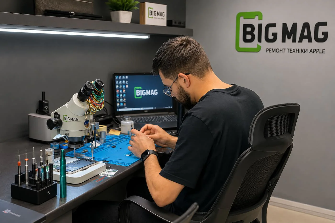 Мастер сервисного центра BigMag ремонтирует технику Apple